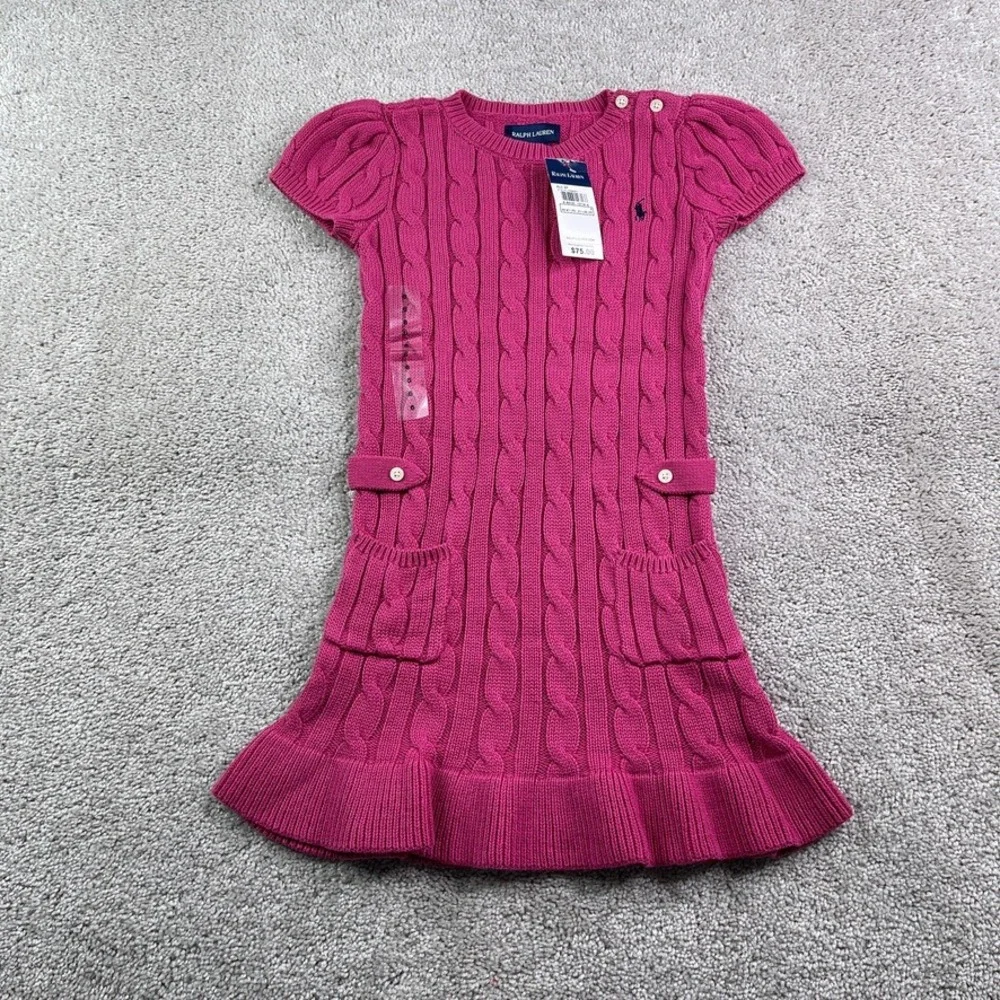 NEW Ralph Lauren Dress Girls Size 6 Pink Cable Knit Short Sleeve Ruffle Hem Prep